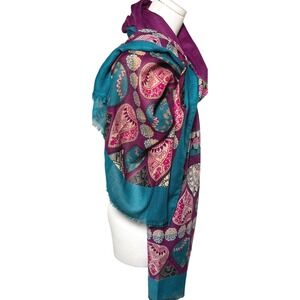 Boho Paisley Heart Fringe Scarf Wrap Purple Teal This & That‎ OS